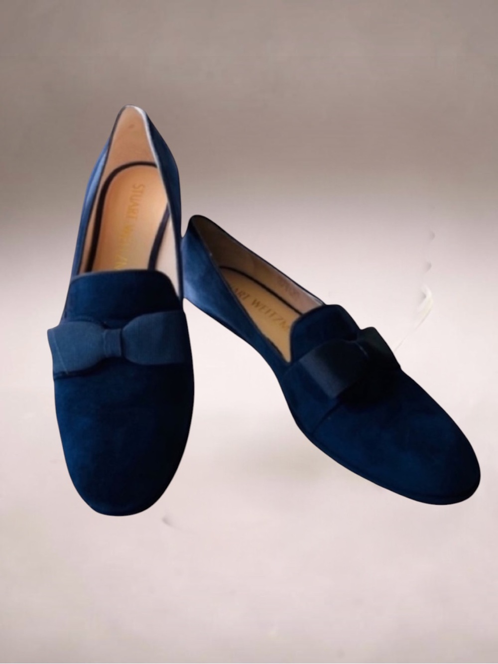 STUART WEITZMAN NEW Blue Suede Shoes Loafers Grosgrain Bows Size 8.5 AA
